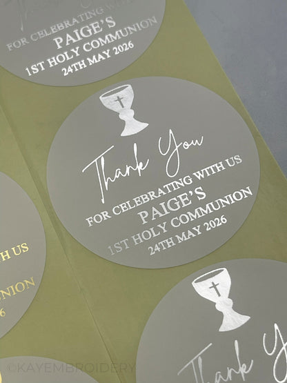 Close up of 1st Holy Communion with Chalice White thank you Stickers foiled in silver, personalised with name and date