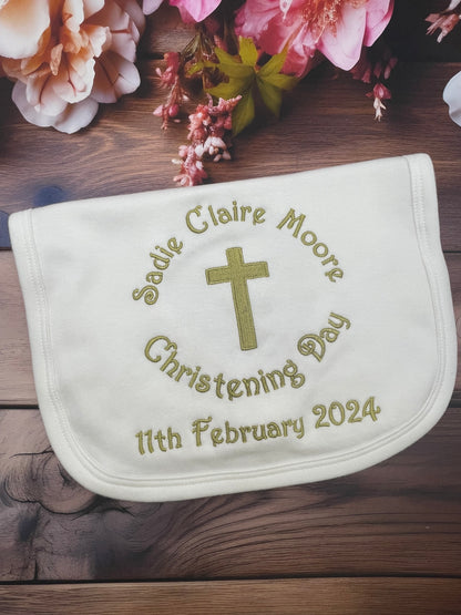 White Cotton Baby Bib with Gold Embroidery will feature name, Cross, Christening Day and Date