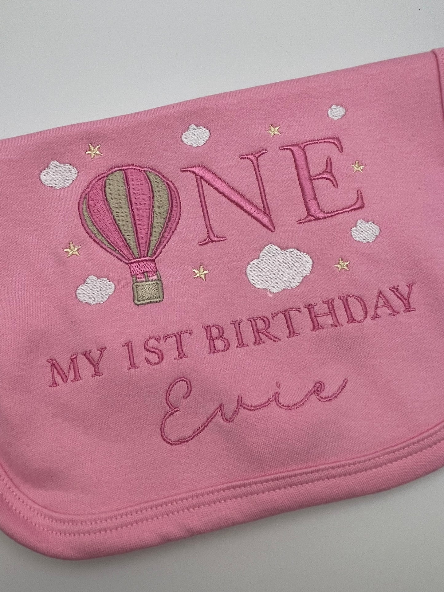 1st Birthday Baby Bib Embroidered in the sky design, Personalised add your child's name