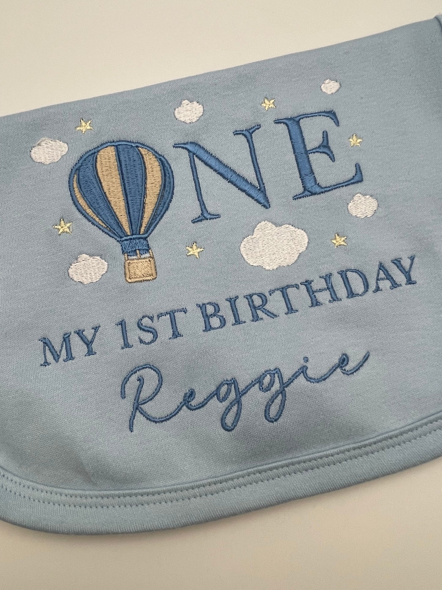 1st Birthday Baby Bib Embroidered in the sky design, Personalised add your child's name