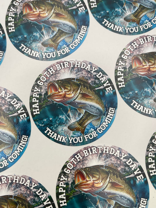 Fishing Theme Birthday Personalised round stickers Different Sizes Available