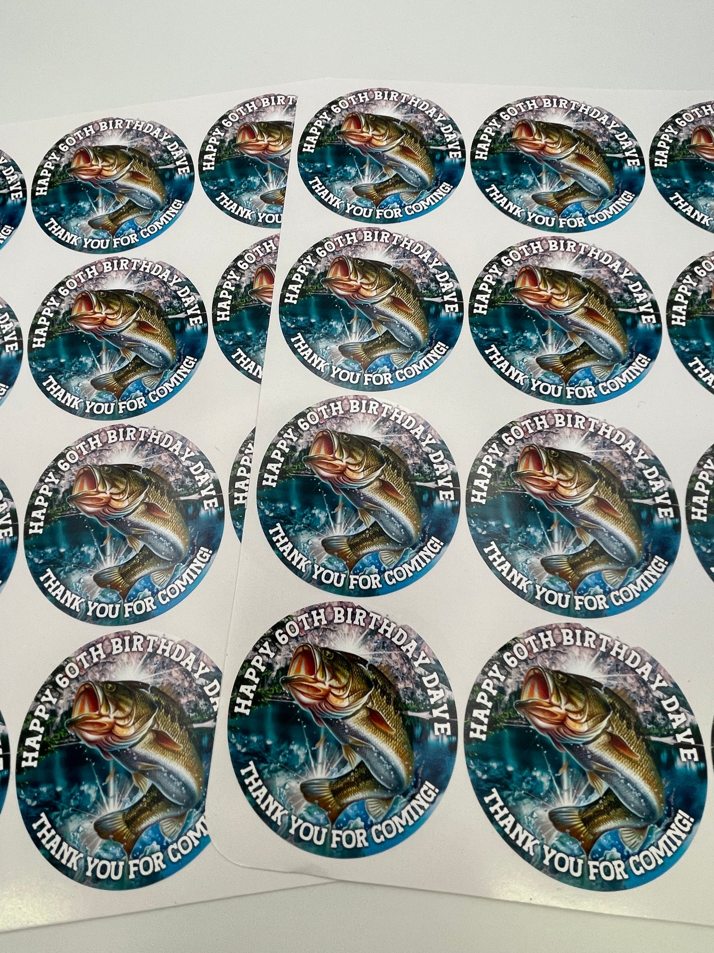 Fishing Theme Birthday Personalised round stickers Different Sizes Available