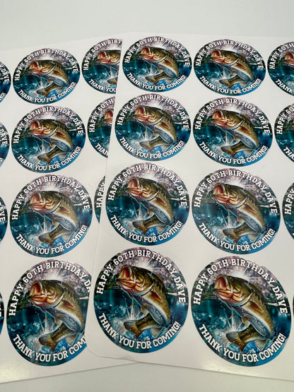 Fishing Theme Birthday Personalised round stickers Different Sizes Available