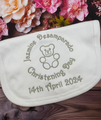 White Cotton Baby Bib with Silver Embroidery will feature name, Teddy Bear, Christening Day and Date
