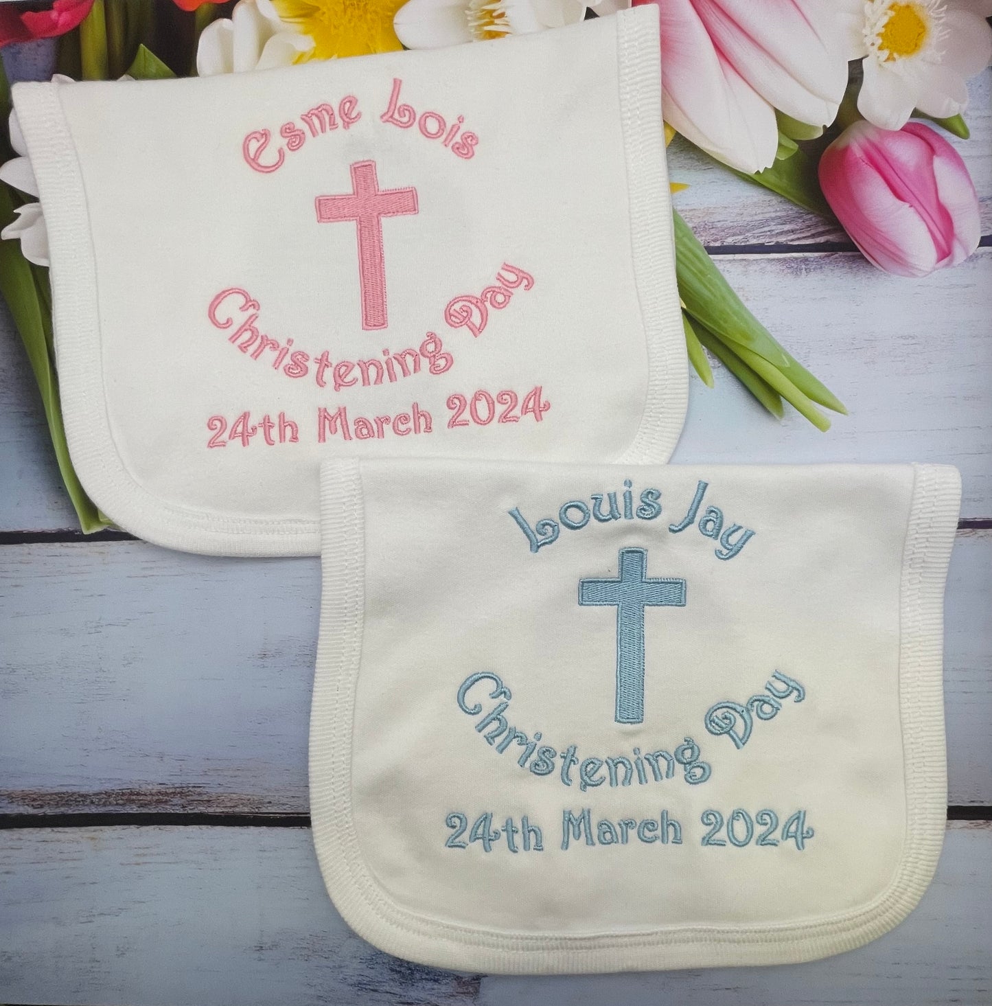 Christening Baby Bib with Cross, pink or blue Embroidery
