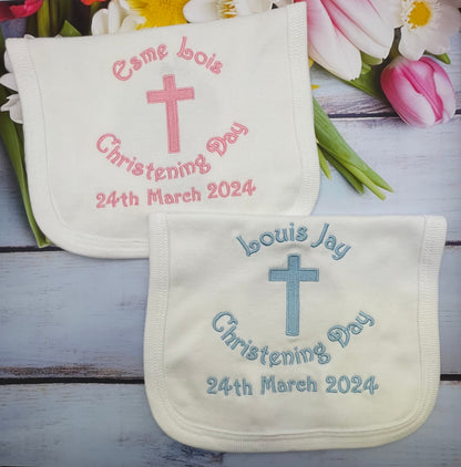 White Cotton Baby Bib with Pink or Blue Embroidery will feature name, Cross, Christening Day and Date