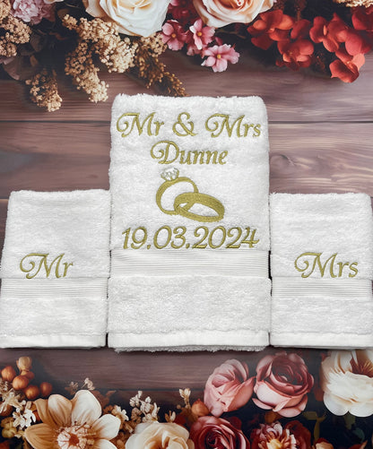 Personalised Wedding Hand Towel  and Flannel Gold Embroidery