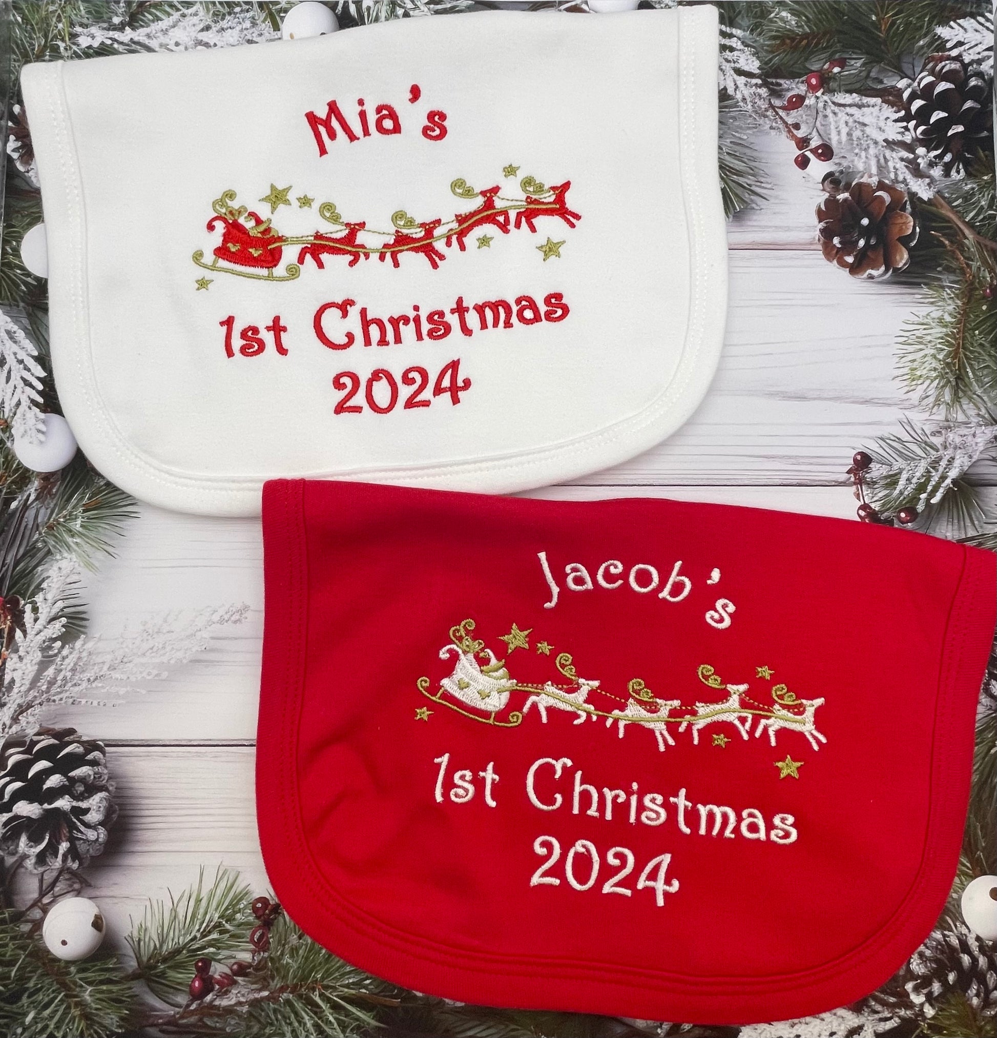 1st first Christmas Cotton Baby Bibs in white or red