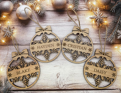 Snowflake Laser Cut and Engraved Wood Tree Decoration Ornament Personalised