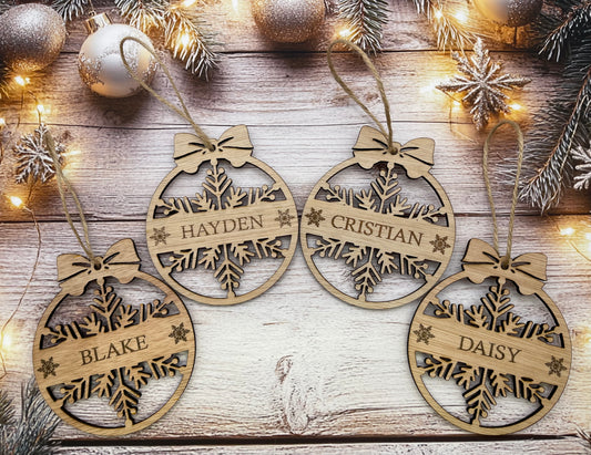 Snowflake Laser Cut and Engraved Wood Tree Decoration Ornament Personalised