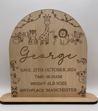 Personalised Jungle animals Wood Birth Stats Sign