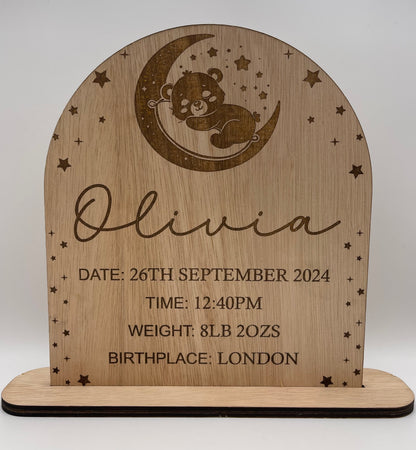 Personalised Sleeping Bear Wood Birth Stats Sign