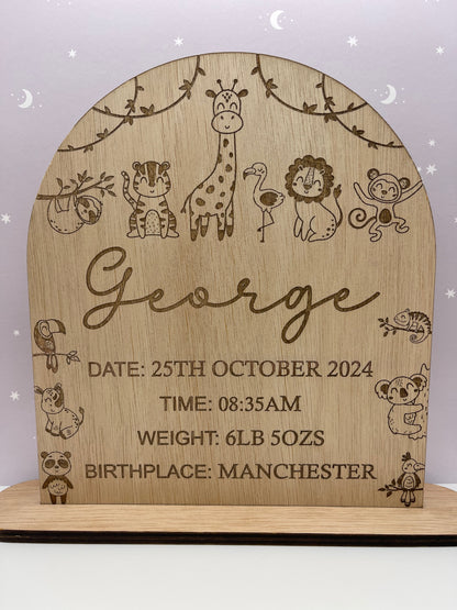 Personalised Jungle animals Wood Birth Stats Sign