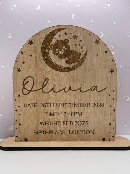 Personalised Sleeping Bear Wood Birth Stats Sign
