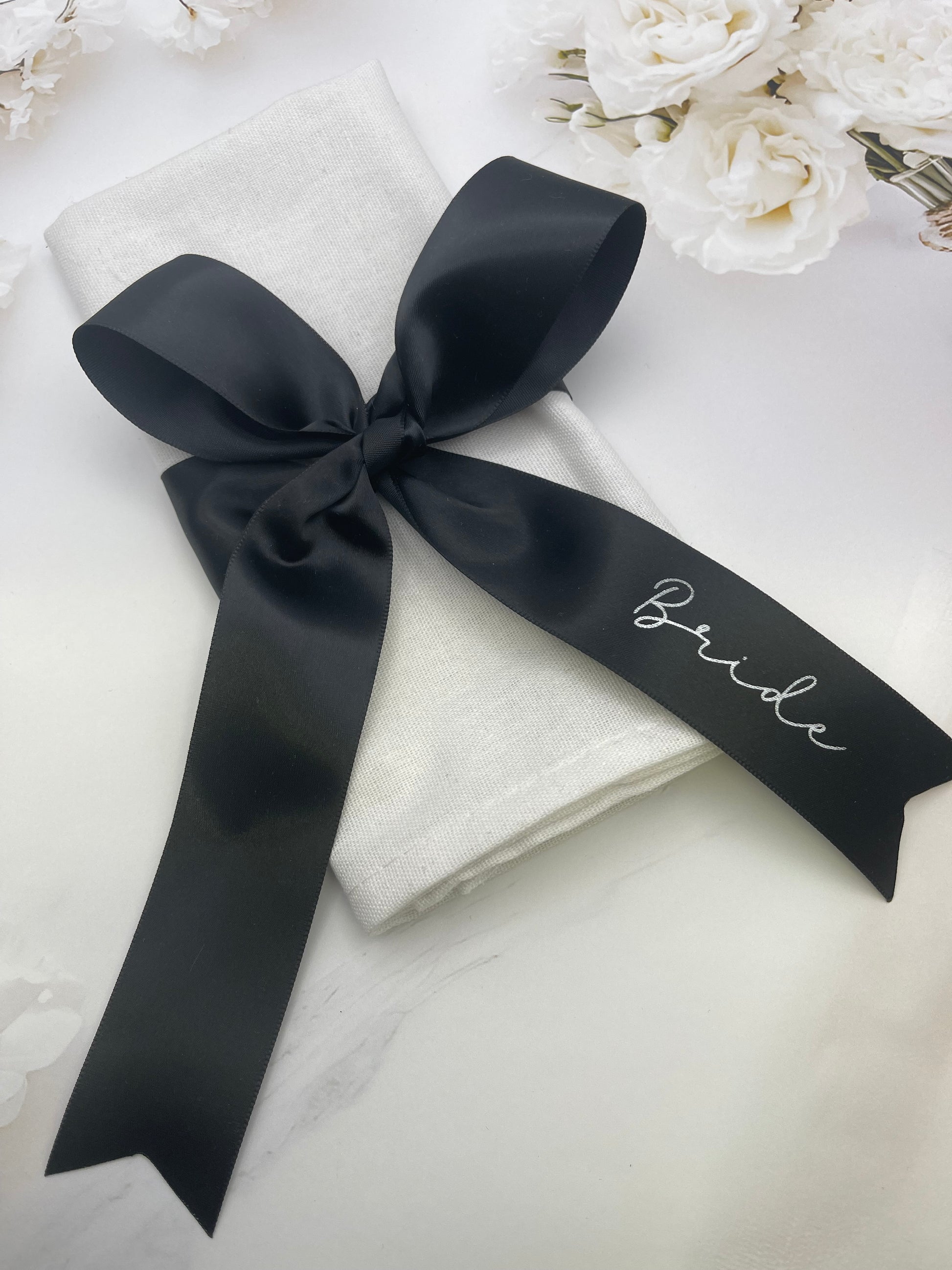38mm Ribbon Name tag Place Setting in Black with Metallic Silver Print