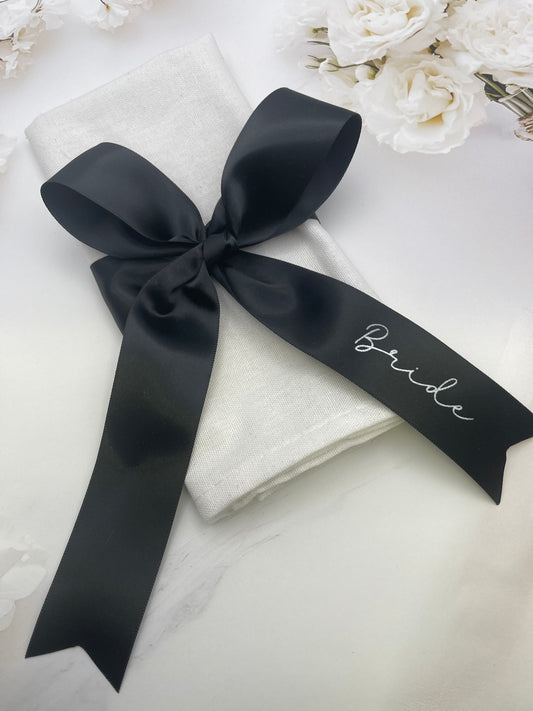 38mm Ribbon Name tag Place Setting in Black with Metallic Silver Print