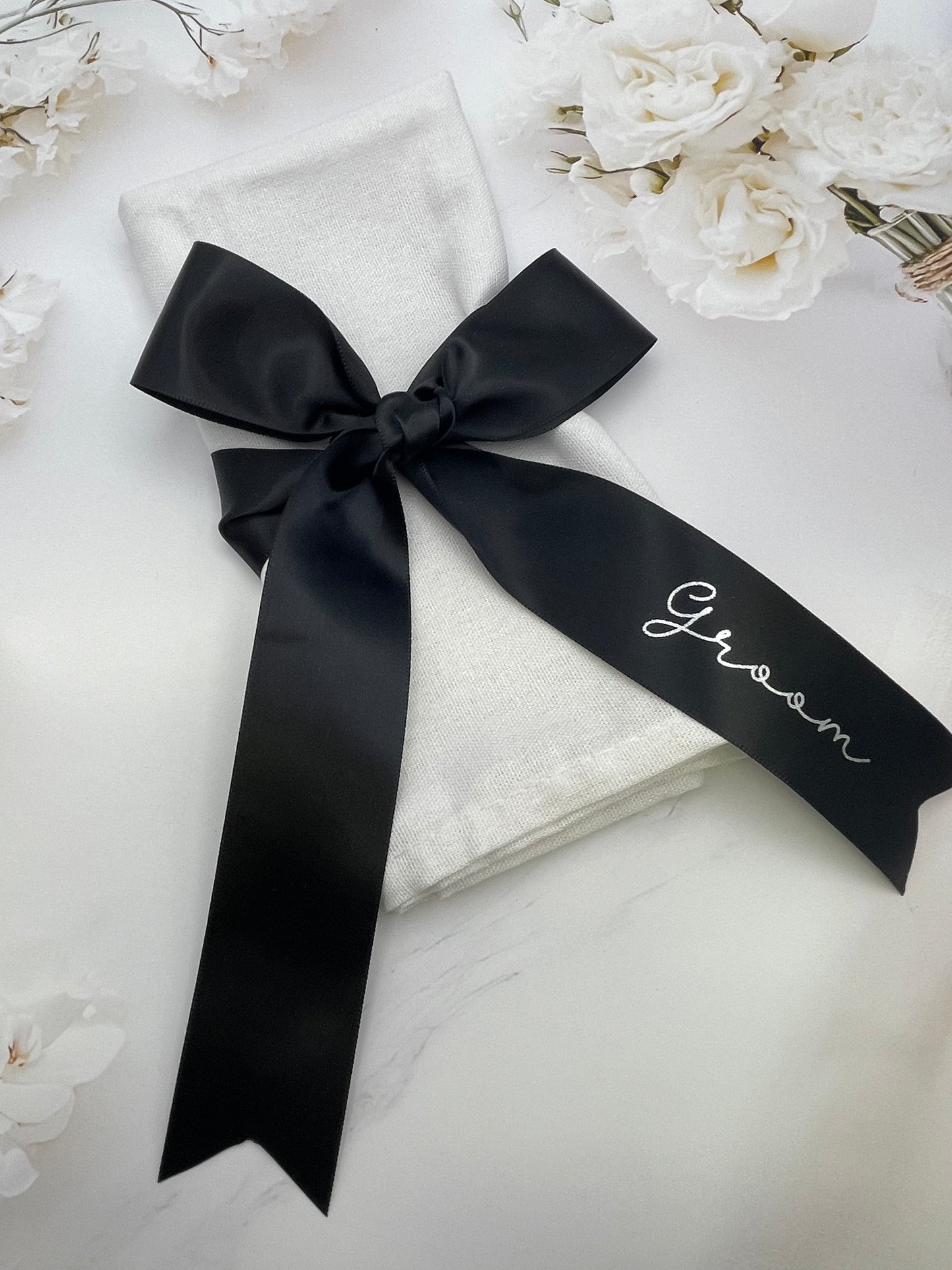 38mm Ribbon Name tag Place Setting in Black with Metallic Silver Print