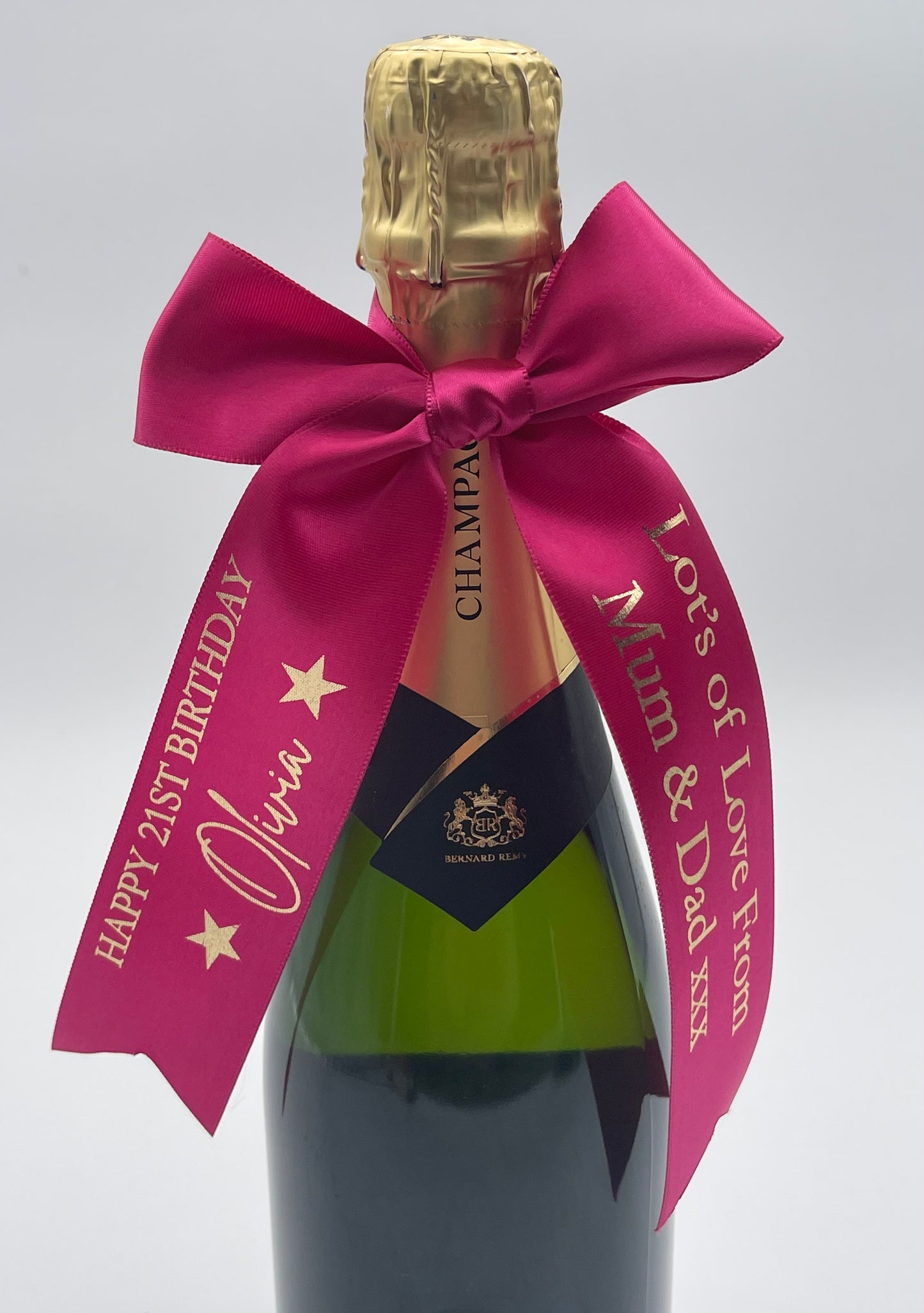 Birthday Personalised 38mm Foiled Satin Ribbon In Fuchsia Pink with Gold Print