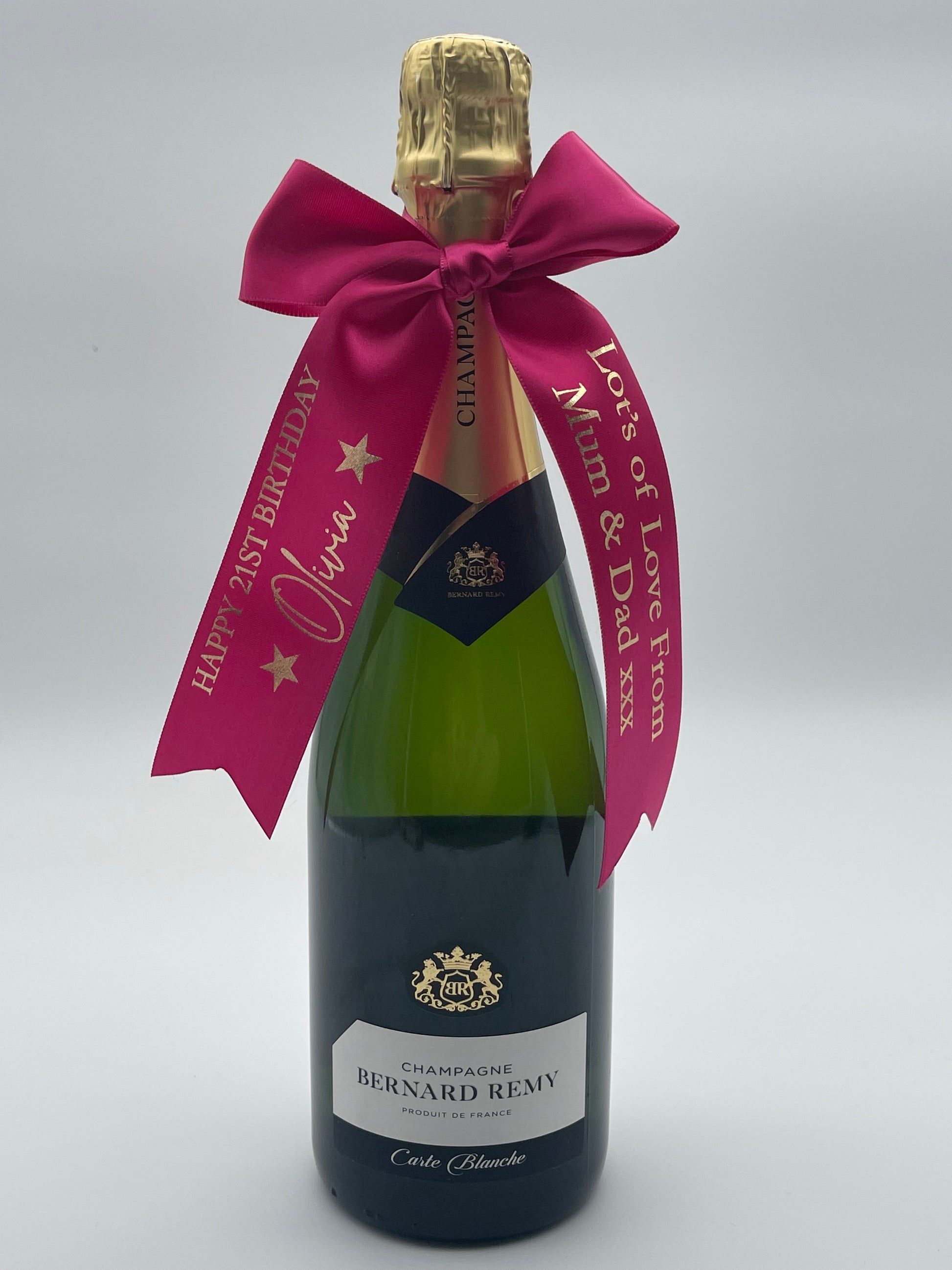 Birthday Personalised 38mm Foiled Satin Ribbon In Fuchsia Pink with Gold Print
