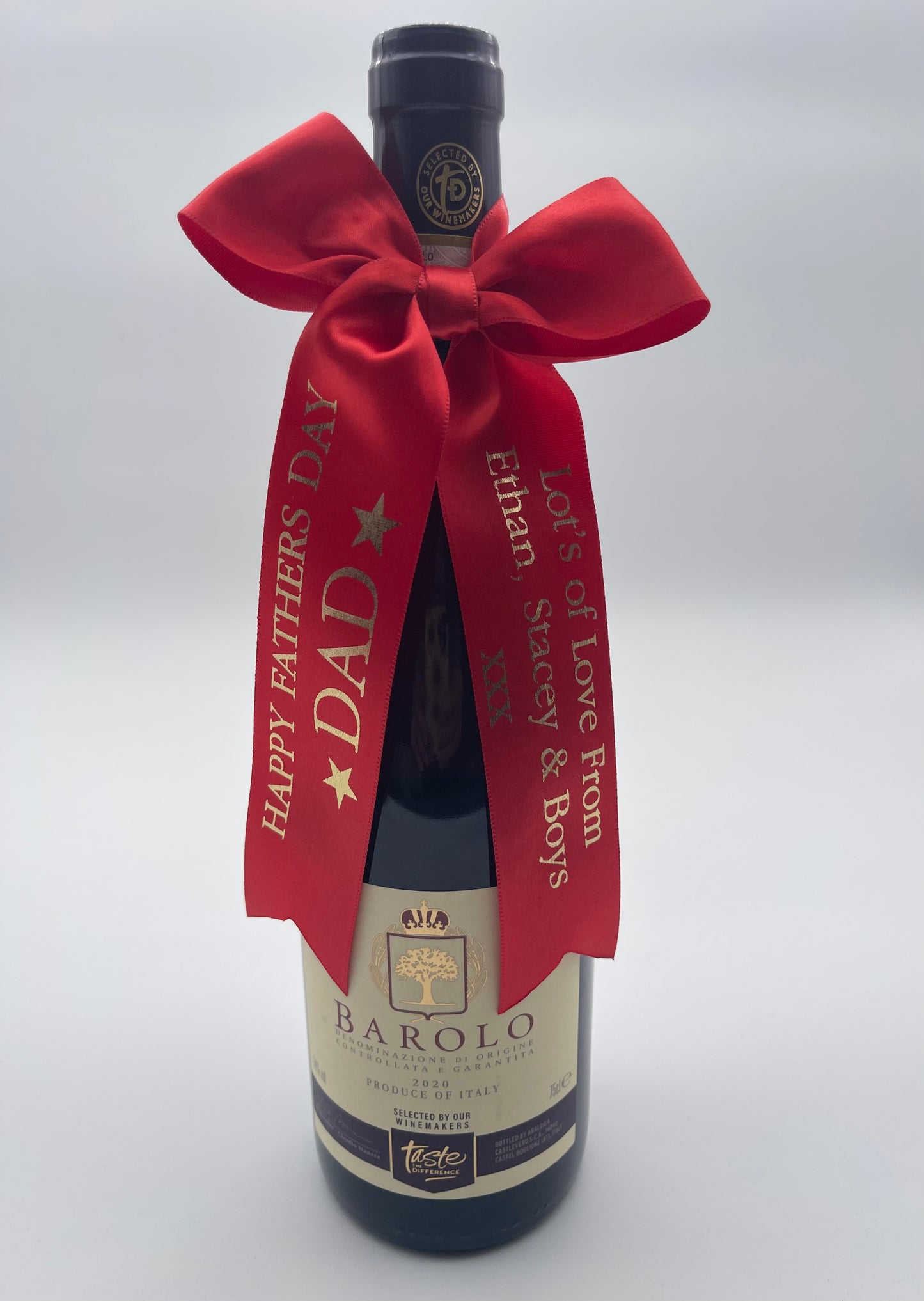 Fathers Day Personalised Red Satin Ribbon with Gold Print and Message of your choice