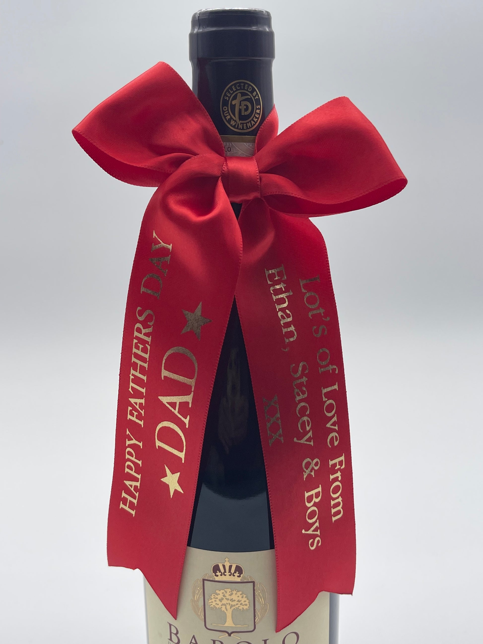 Fathers Day Personalised Red Satin Ribbon with Gold Print and Message of your choice