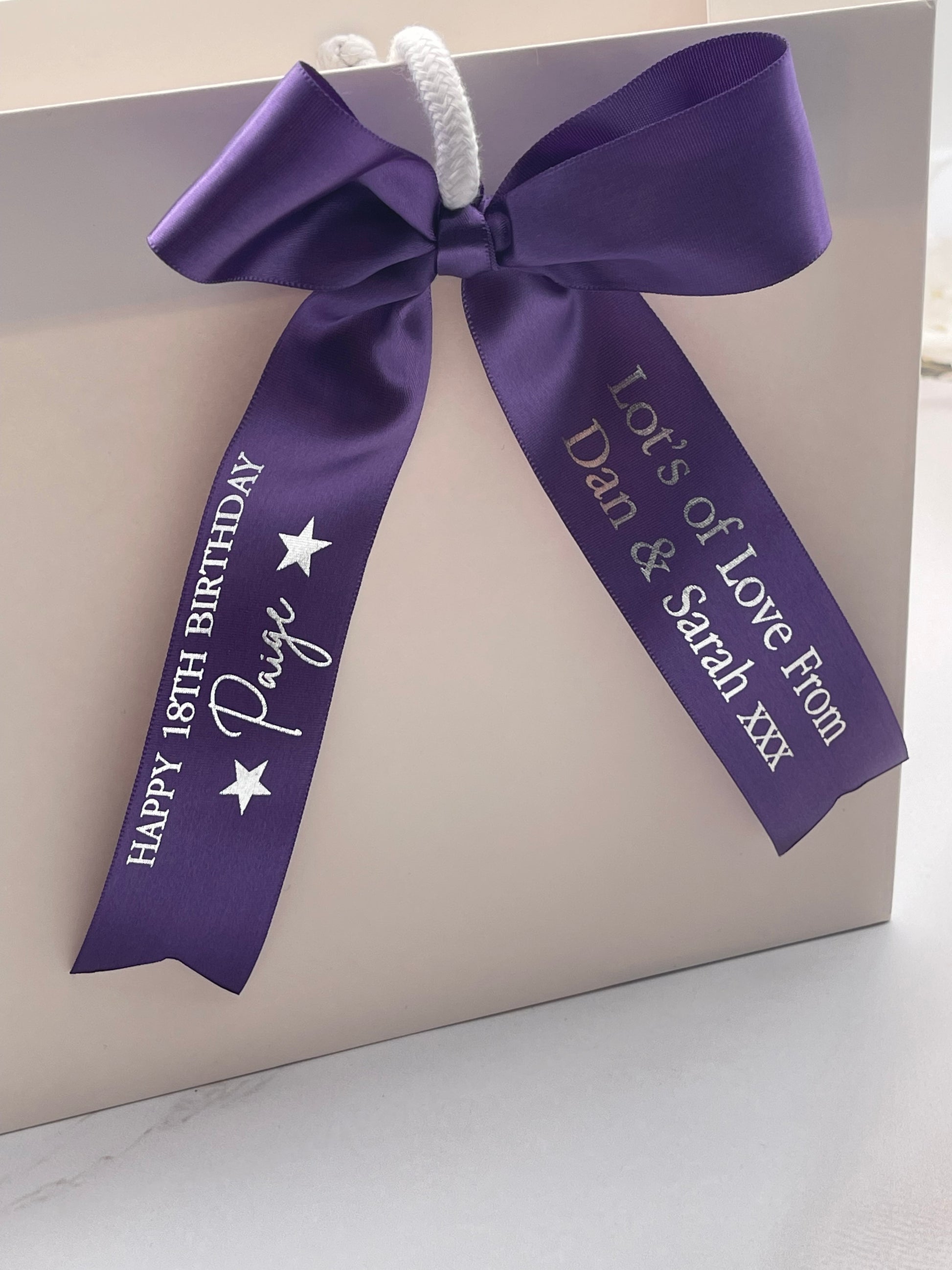 Birthday Personalised 38mm Foiled Satin Ribbon In Purple with Silver Print