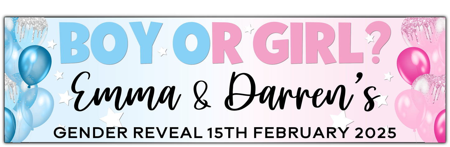 Boy or Girl Gender Reveal Banner Personalised with names, Gender Reveal and Date