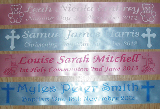 38mm Foiled and Personalised Satin Cake Ribbon for Christening, Holy Communion, Baptism
