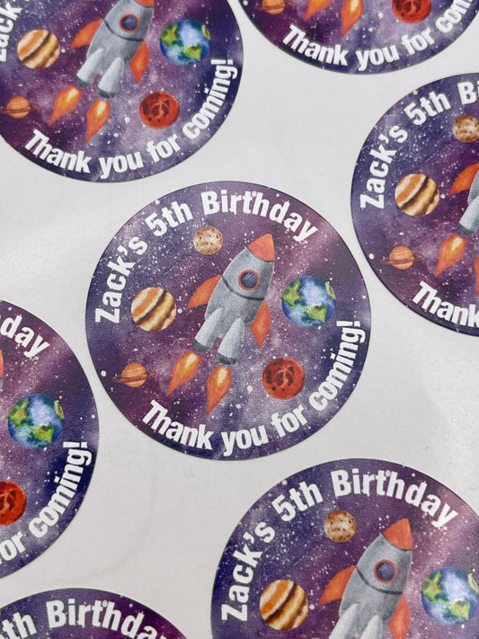 Space Birthday Stickers Personalised Round