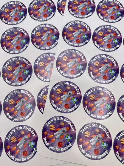 Space Birthday Stickers Personalised Round
