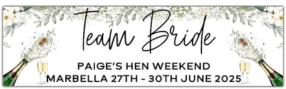 Team Bride Hen Party Banner with Champagne and floral background, Personalised with name, place and date