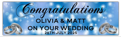 Wedding, Anniversary or Engagement Banner. Blue Bokeh Coloured background with silver Rings. Personalised with names and date