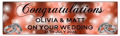 Wedding, Anniversary or Engagement Banner. Copper Bokeh Coloured background with silver Rings. Personalised with names and date