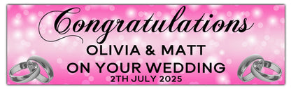 Wedding, Anniversary or Engagement Banner. Deep Pink Bokeh Coloured background with silver Rings. Personalised with names and date