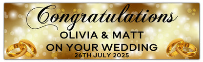 Wedding, Anniversary or Engagement Banner. Gold Bokeh Coloured background with gold Rings. Personalised with names and date