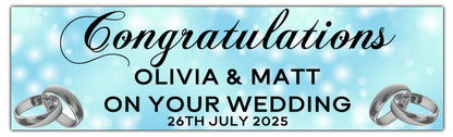 Wedding, Anniversary or Engagement Banner. Light Blue Bokeh Coloured background with silver Rings. Personalised with names and date