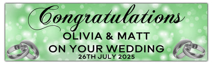 Wedding, Anniversary or Engagement Banner. Light Green Bokeh Coloured background with silver Rings. Personalised with names and date