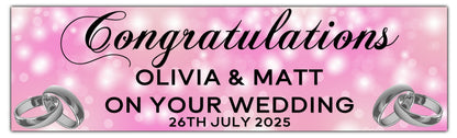 Wedding, Anniversary or Engagement Banner. Light Pink Bokeh Coloured background with silver Rings. Personalised with names and date