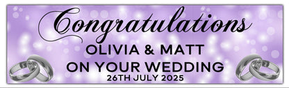 Wedding, Anniversary or Engagement Banner. Lilac Bokeh Coloured background with silver Rings. Personalised with names and date