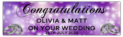 Wedding, Anniversary or Engagement Banner. Purple Bokeh Coloured background with silver Rings. Personalised with names and date