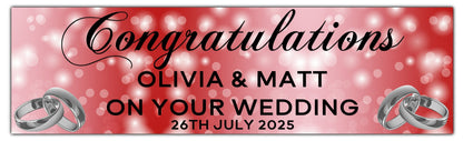 Wedding, Anniversary or Engagement Banner. Red Bokeh Coloured background with silver Rings. Personalised with names and date