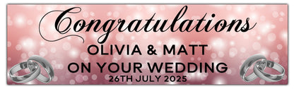 Wedding, Anniversary or Engagement Banner. Rose Gold Bokeh Coloured background with silver Rings. Personalised with names and date