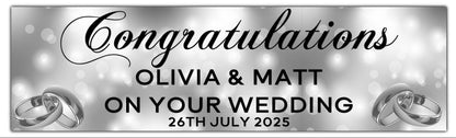 Wedding, Anniversary or Engagement Banner. Silver Bokeh Coloured background with silver Rings. Personalised with names and date