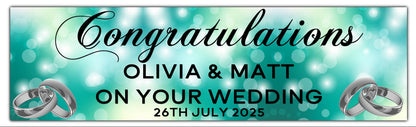Wedding, Anniversary or Engagement Banner. Teal Bokeh Coloured background with silver Rings. Personalised with names and date