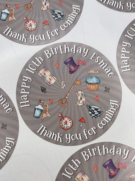 Alice in wonderland Birthday Personalised Round stickers for Party/gift bags etc
