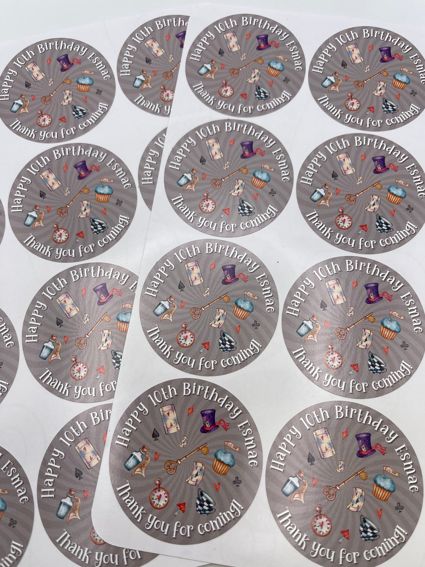 Alice in wonderland Birthday Personalised Round stickers for Party/gift bags etc