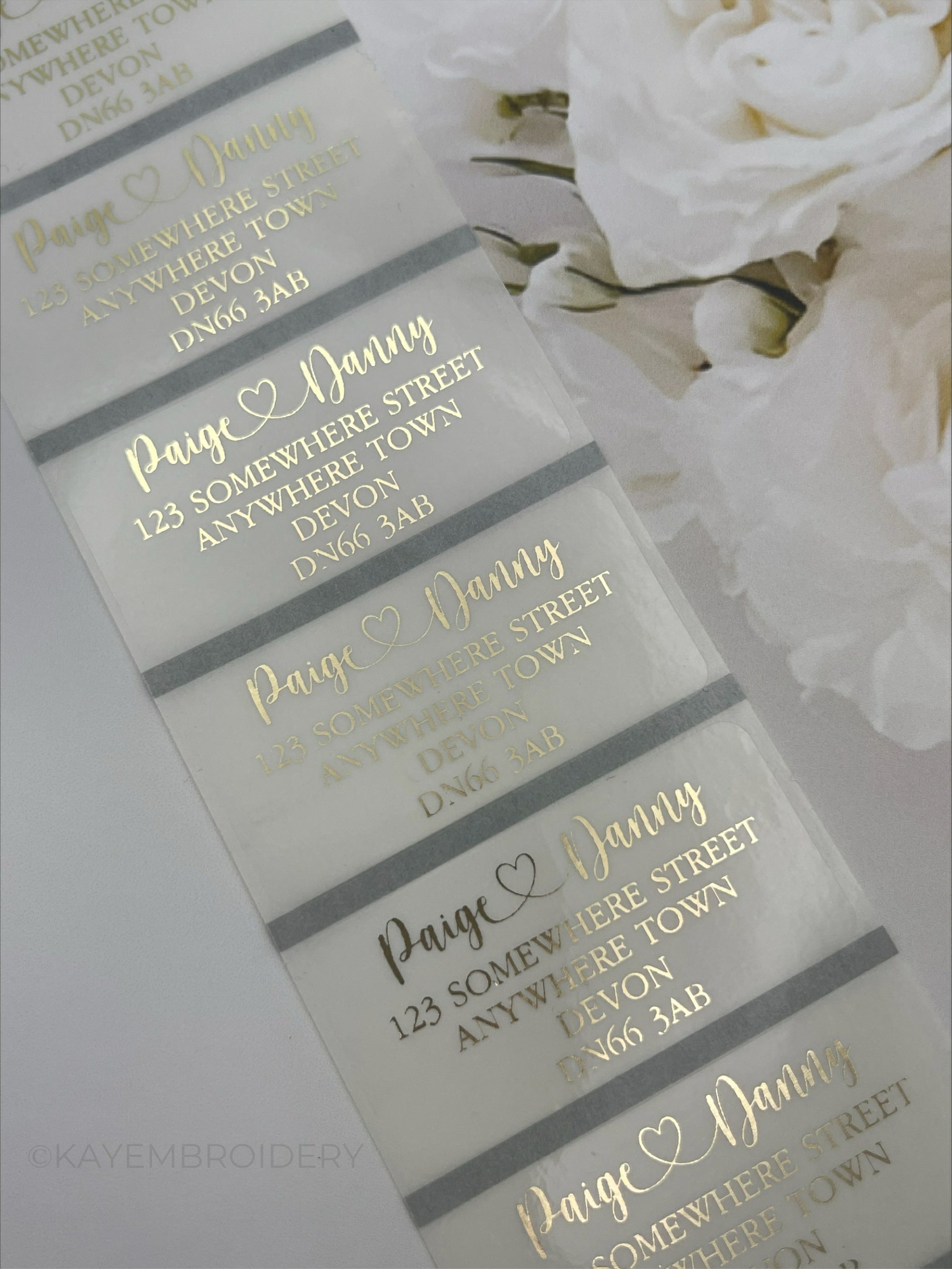 Clear RSVP return Address labels 50mm x 25mm with metallic gold print