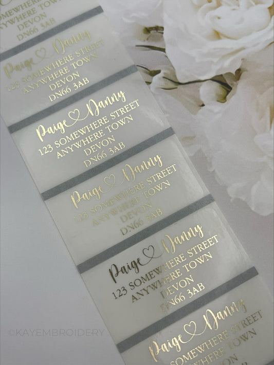 Clear RSVP return Address labels 50mm x 25mm with metallic gold print