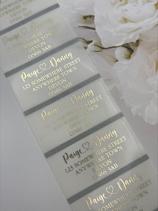 Clear RSVP return Address labels with Metallic Gold Print