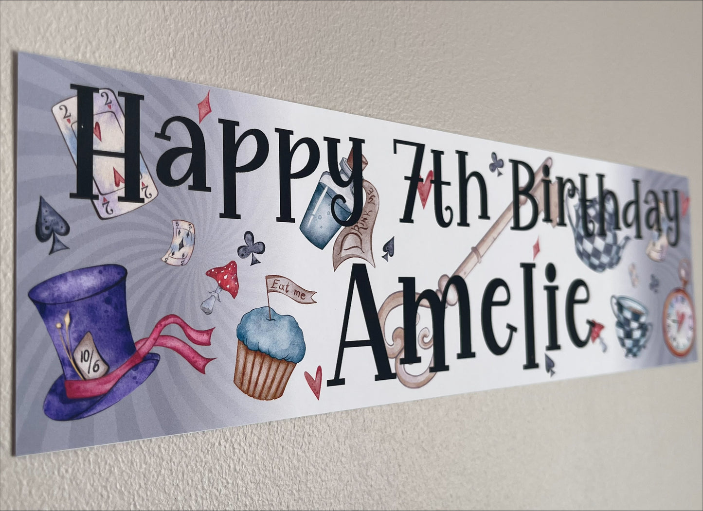 Alice in wonderland birthday banner personalised with name and age